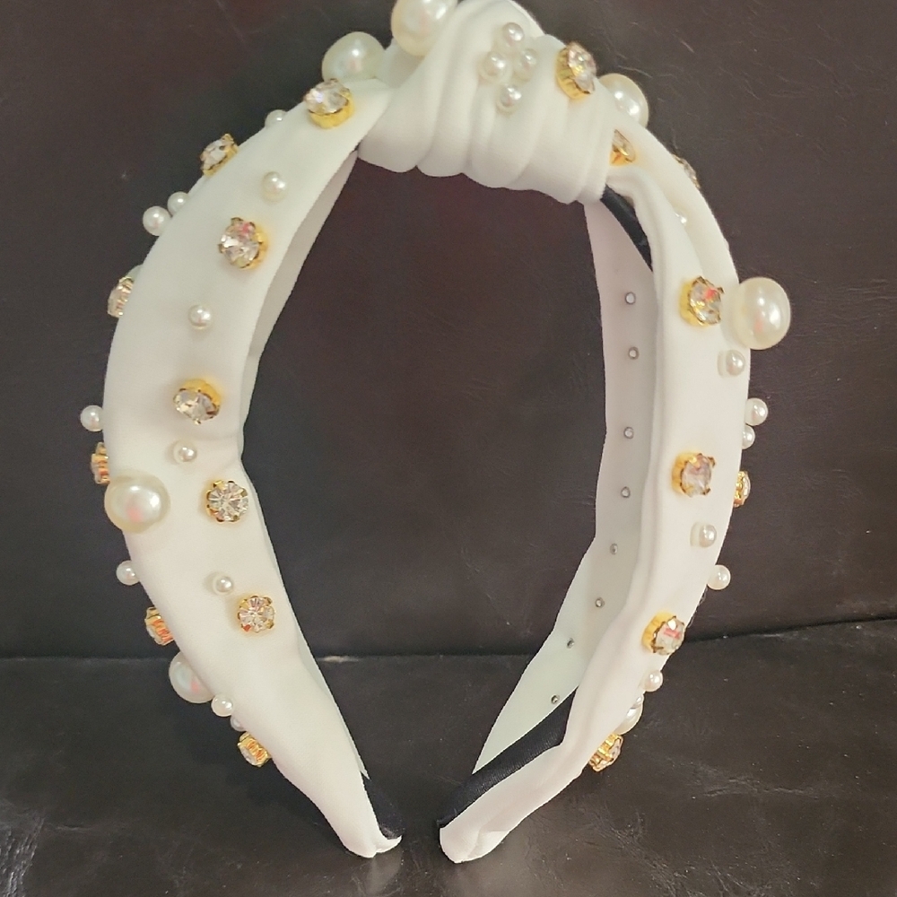 Elegant White Pearl and Gold Embellished Headband